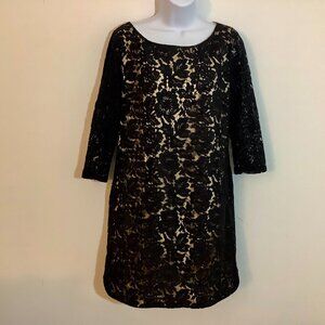 Vince Camuto Black Sheath Dress Long Sleeve Lace Overlay SZ 12